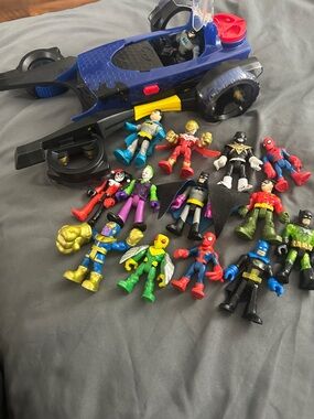 Assorted Kids Superhero Figure Pack with Blue Bat Vehicle and an extra bat car